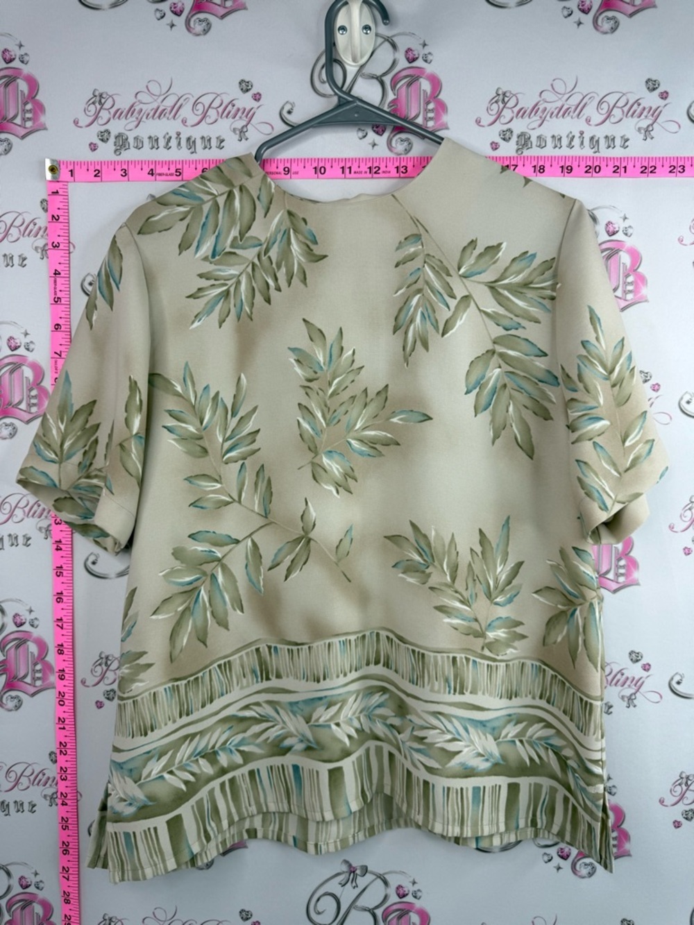TanJay tshirt tropical shirt top Cream Blouse with Green Botanical Print
